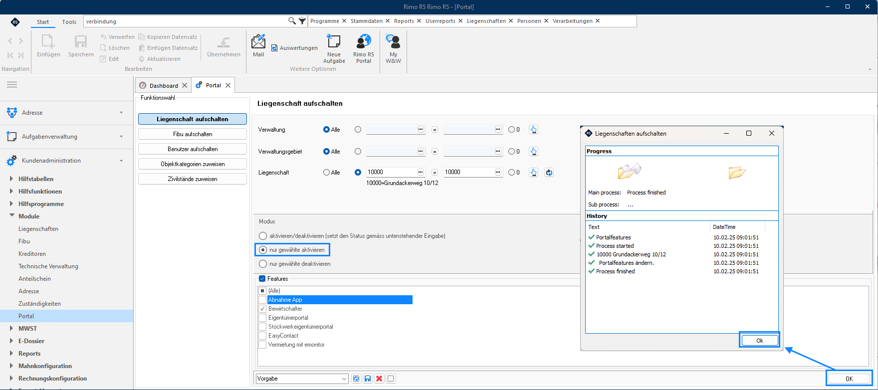 Screenshot: Portal – Liegenschaft aufschalten mit Modus und Feature-Auswahl