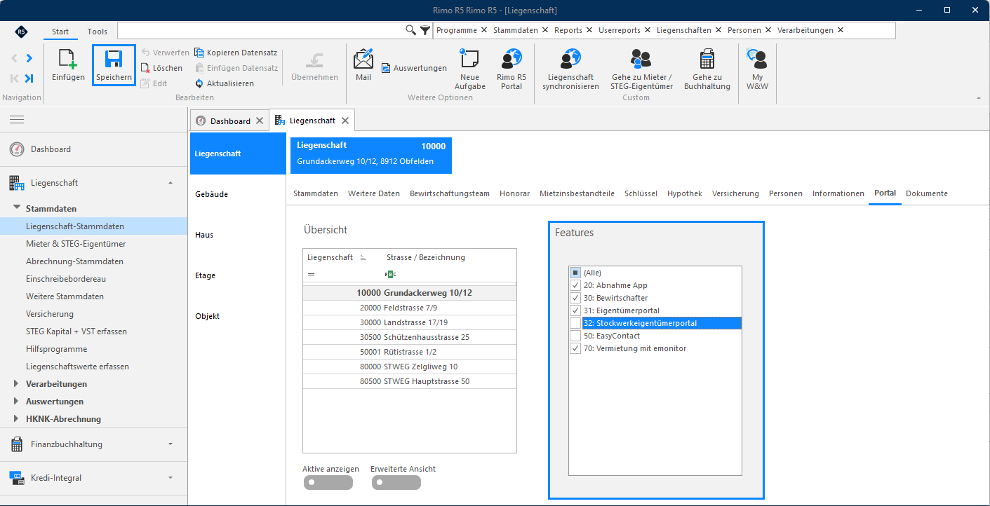 Screenshot: Liegenschaft-Stammdaten – Register Portal mit Feature-Übersicht