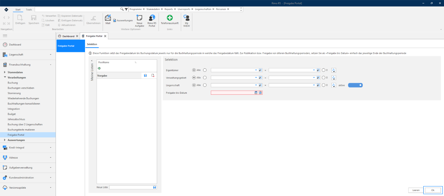 Screenshot: Verarbeitungen – Freigabe Portal Selektion