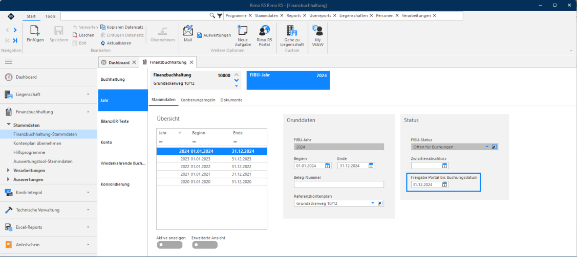 Screenshot: Finanzbuchhaltung-Stammdaten – Jahr mit Feld 