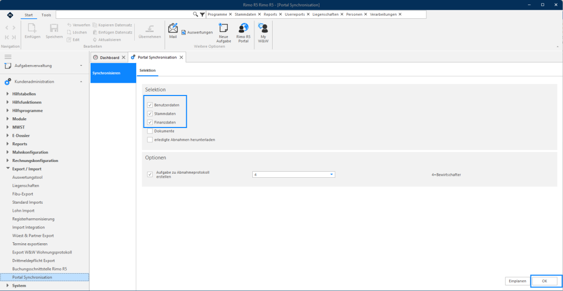 Screenshot: Portal Synchronisation – Auswahl der zu synchronisierenden Elemente