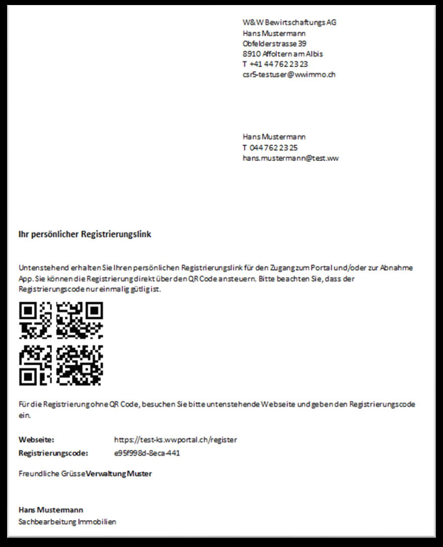 Screenshot: Beispiel eines Aufschaltungsbriefs mit persönlichem Registrierungslink und QR-Code