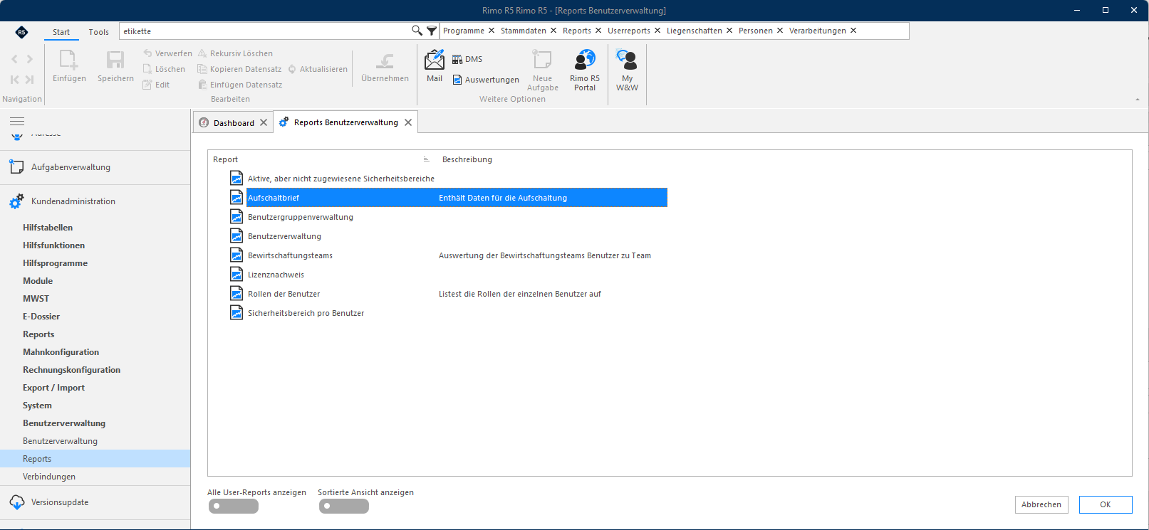 Screenshot: Reports Benutzerverwaltung – Auswahl 