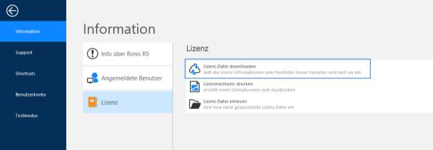 Screenshot: Information – Lizenz mit Option Lizenz-Datei downloaden