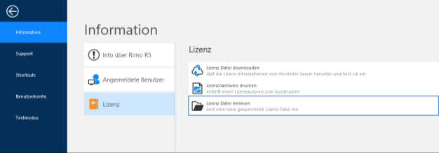Screenshot: Information – Lizenz mit Option Lizenz-Datei einlesen