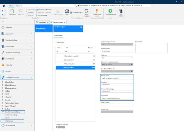 Screenshot: Verbindungen – Grunddaten der EasyContact-Verbindung mit Benutzer ID, Passwort und Hostname