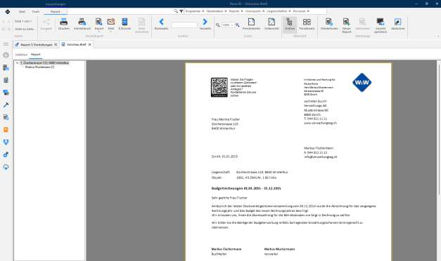 Screenshot: Vorschau Musterbrief mit QR-Code oben rechts im Briefkopf