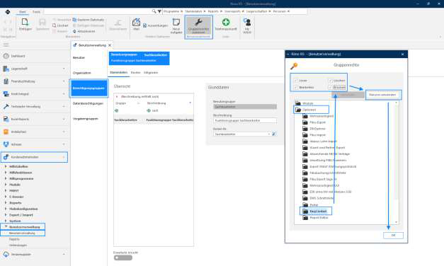 Screenshot: Berechtigungsgruppen – Gruppenrechte zuweisen mit markiertem EasyContact-Ordner