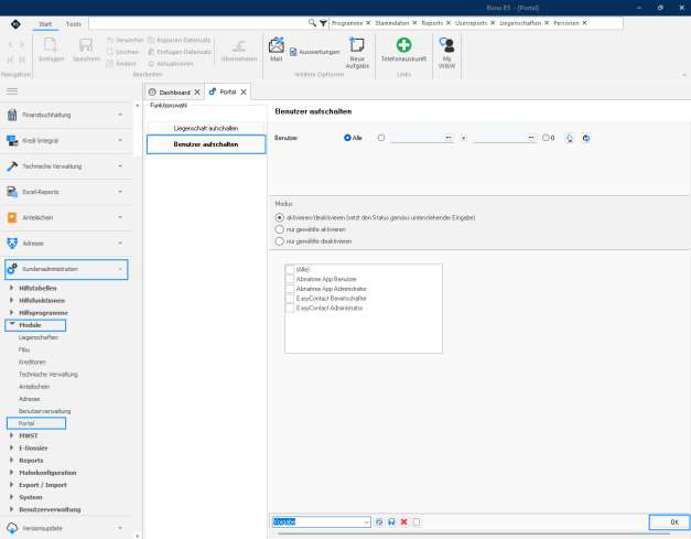 Screenshot: Portal – Benutzer aufschalten mit EasyContact-Rollen Bewirtschafter/Administrator