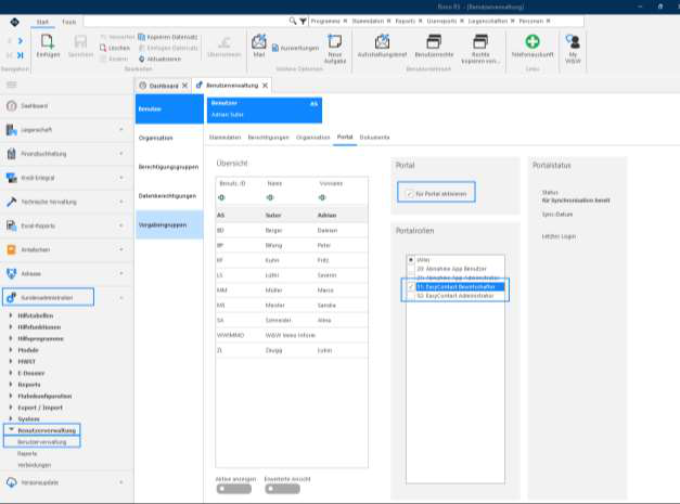 Screenshot: Benutzerverwaltung – Register Portal mit markierten EasyContact-Rollen und Option 