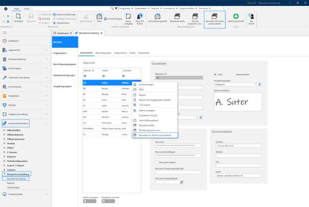 Screenshot: Benutzerverwaltung – Kontextmenü 