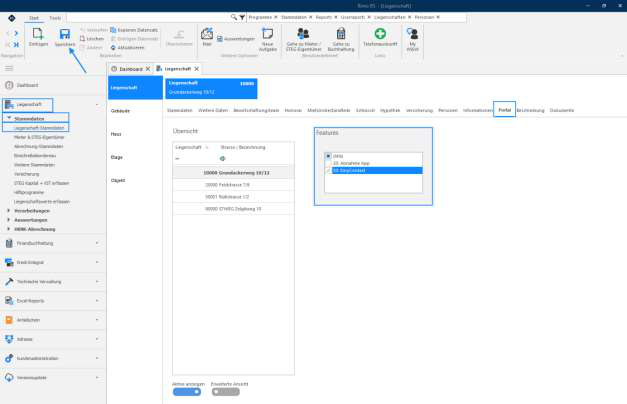 Screenshot: Liegenschaft-Stammdaten – Register Portal mit aktiviertem Feature EasyContact