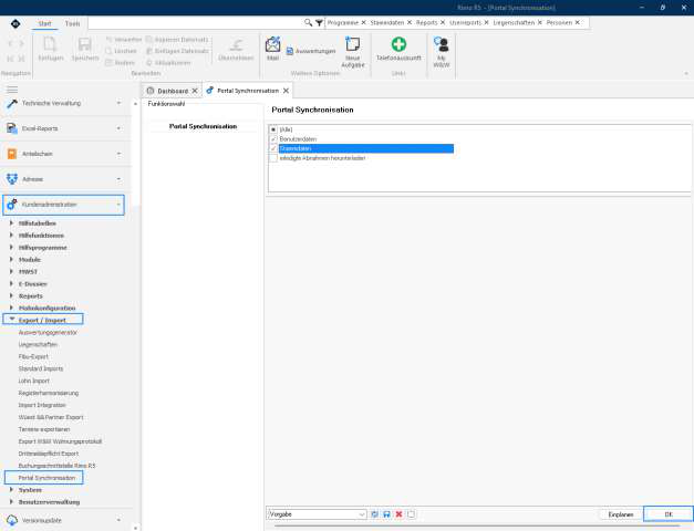 Screenshot: Portal Synchronisation – Register mit ausgewählter Option Stammdaten