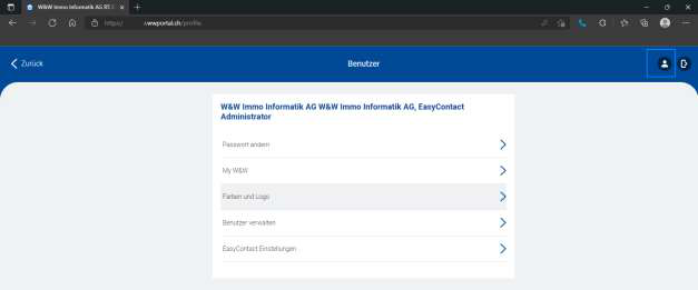 Screenshot: EasyContact-Portal – Benutzermenü mit Farben und Logo, Benutzer verwalten und EasyContact Einstellungen