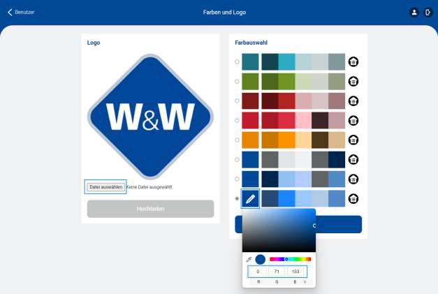 Screenshot: Farben und Logo – Logo-Upload und Farbauswahl mit Farbpalette