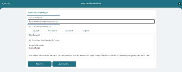 Screenshot: EasyContact Einstellungen – Feld Hauptadresse für Empfangsbestätigung