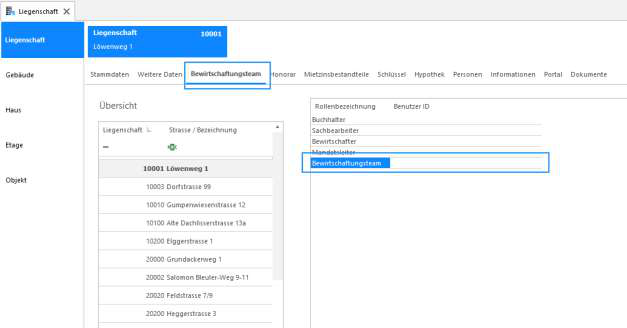 Screenshot: Liegenschaft-Stammdaten – Register Bewirtschaftungsteam mit Rollenliste