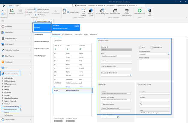 Screenshot: Benutzerverwaltung – neuer Benutzer mit Grunddaten, Passwort und Kommunikation