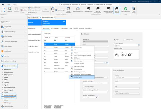 Screenshot: Benutzerverwaltung – Kontextmenü mit Eintrag 