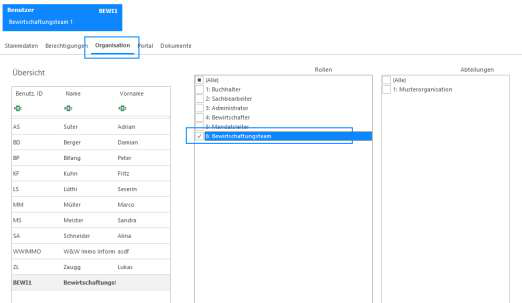 Screenshot: Benutzer – Register Organisation mit markierter Rolle Bewirtschaftungsteam