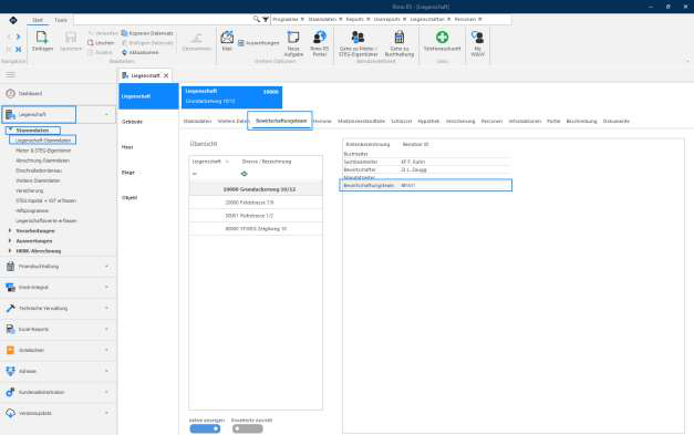 Screenshot: Liegenschaft-Stammdaten – Register Bewirtschaftungsteam mit zugeteiltem Benutzer