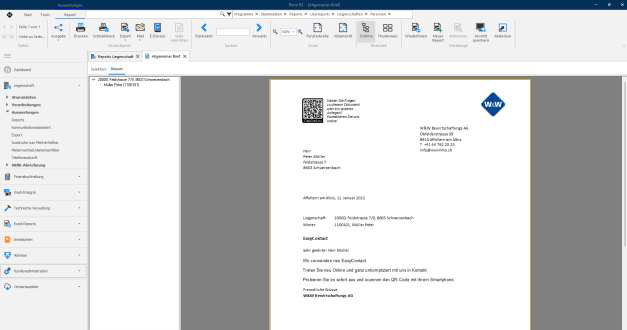 Screenshot: Allgemeiner Brief mit QR-Code zu EasyContact im Briefkopf