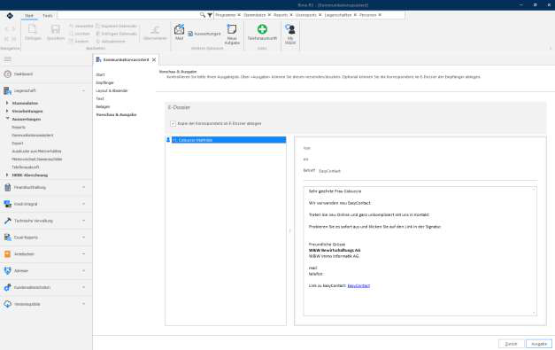 Screenshot: Kommunikationsassistent – E-Mail-Vorschau mit EasyContact-Link in der Signatur