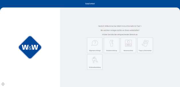 Screenshot: EasyContact-Portal – Willkommensseite mit Auswahl der Anliegen (Allgemeine Anfrage, Schadenmeldung, Namensschilder, Frage zu Dokumenten, Schlüsselbestellung)