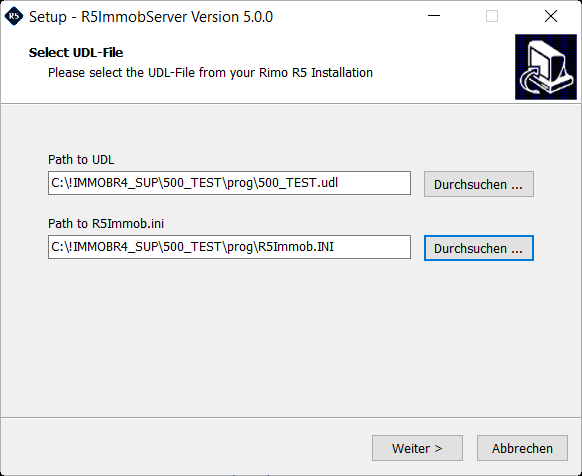 Screenshot: Setup R5ImmobServer – UDL-File auswählen