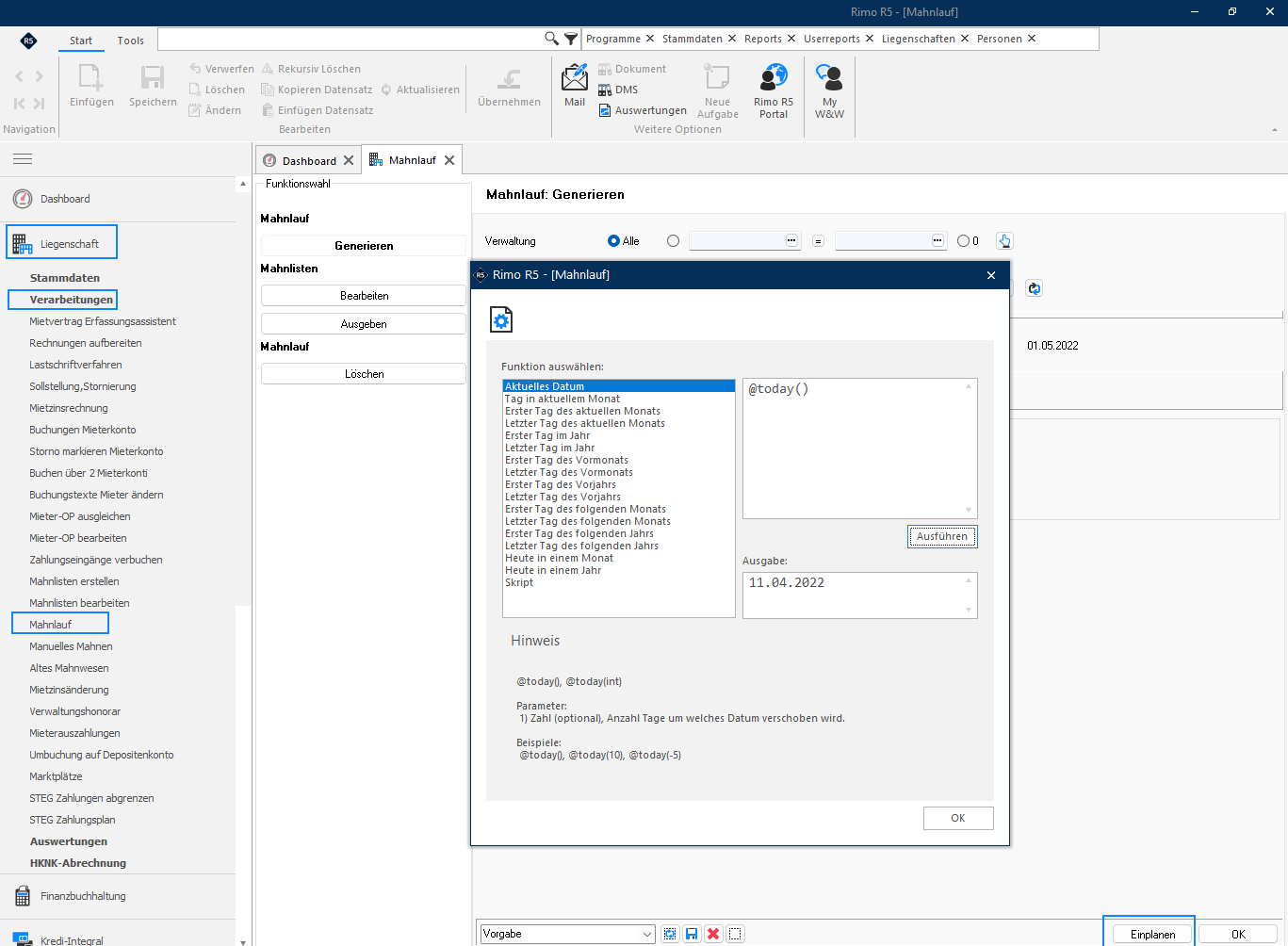 Screenshot: Mahnlauf Generieren mit variablen Datumsfeldern
