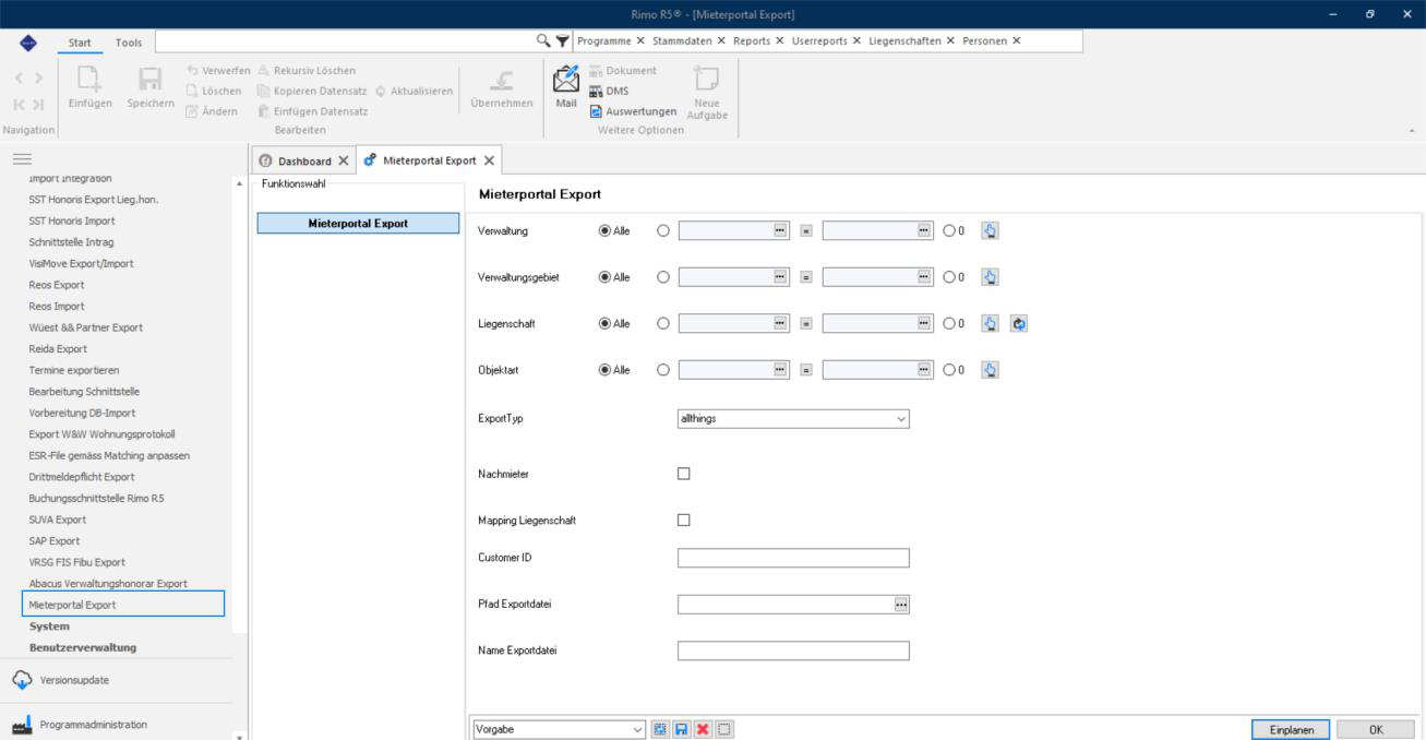 Screenshot: Mieterportal Export mit Button Einplanen