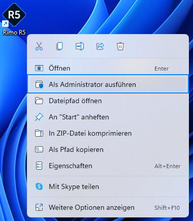 Screenshot: Rimo R5 als Administrator ausführen