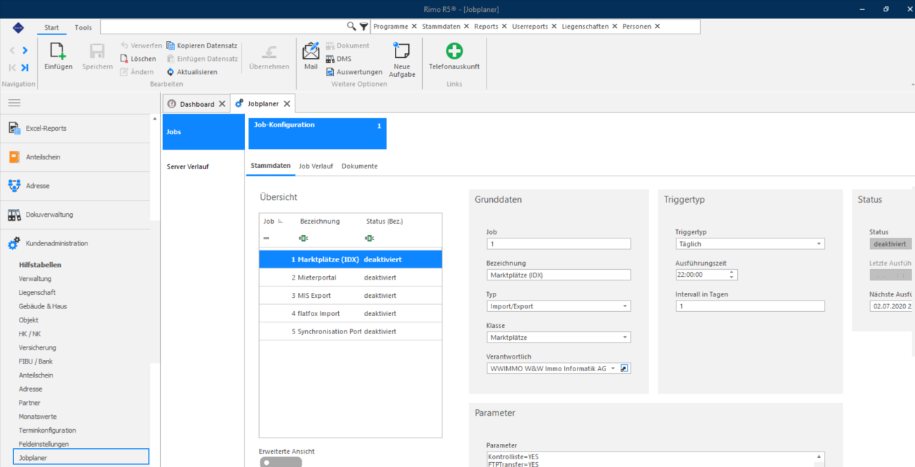 Screenshot: Job-Konfiguration mit Stammdaten der einzelnen Jobs