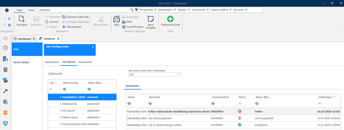 Screenshot: Job Verlauf mit Status je Ausführung