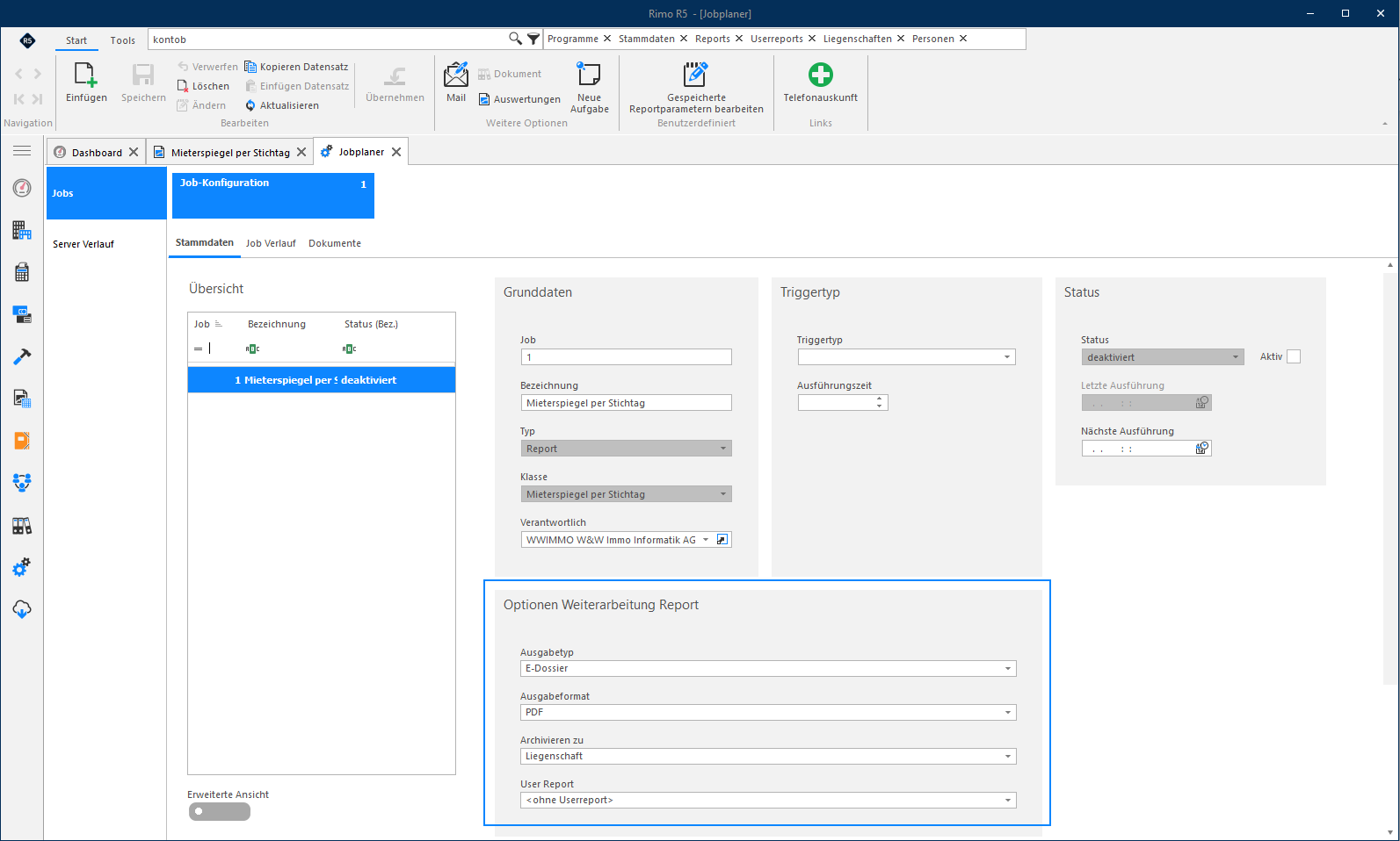 Screenshot: Job-Konfiguration mit Optionen Weiterarbeitung Report