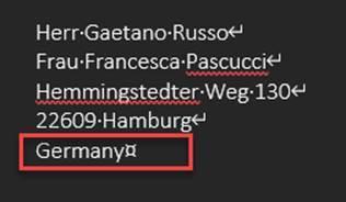 Ausschnitt aus generierter Word-Vorlage mit Ländername auf Englisch (