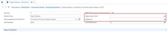 Export-Konten-Definition mit leerem Allgemeinem Konto und Geldkonto