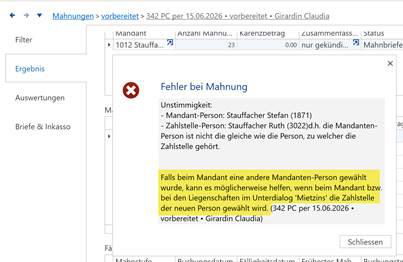 Fehler bei Mahnung: Mandanten-Person und Zahlstellen-Person stimmen nicht überein