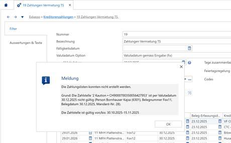 Meldung: Zahlungslisten konnten nicht erstellt werden, Zahlstelle zum Valutadatum ungültig