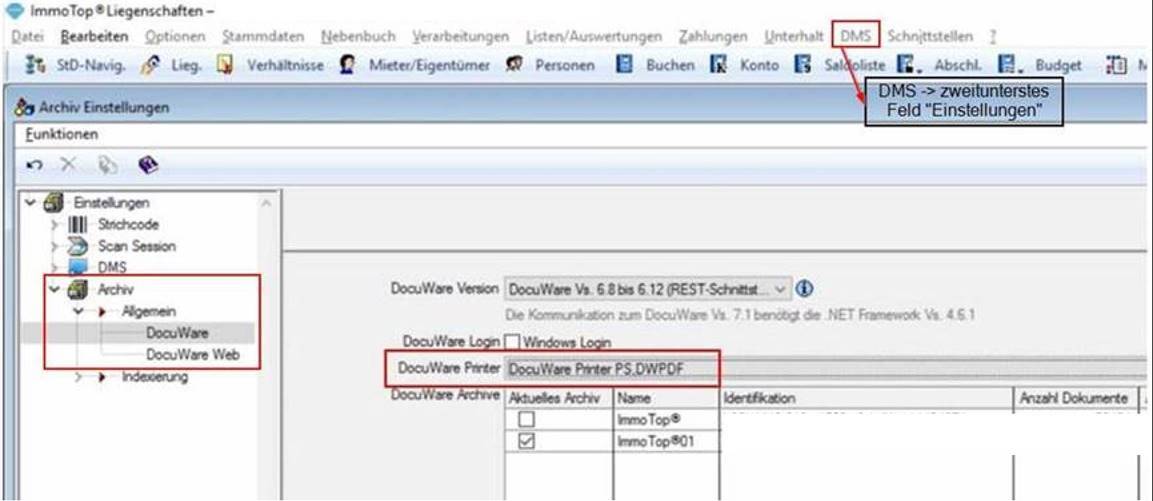Archiv Einstellungen, erreichbar über Menü DMS und den Eintrag «Einstellungen»: im Zweig Archiv / Allgemein / DocuWare steht «DocuWare Printer» auf «DocuWare Printer PS.DWPDF».