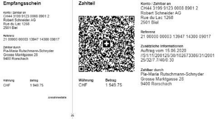 Beispiel einer vollständigen QR-Rechnung aus der Herstelleranleitung mit Empfangsschein links und Zahlteil rechts, inklusive Swiss QR Code, Konto- und Referenzzeile, Währung und Betrag.