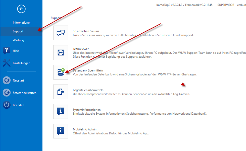 Applikationsmenü «Support» mit den Kacheln «So erreichen Sie uns», «TeamViewer», «Datenbank übermitteln», «Logdateien übermitteln» und «Systeminformationen»; Pfeil auf «Datenbank übermitteln».