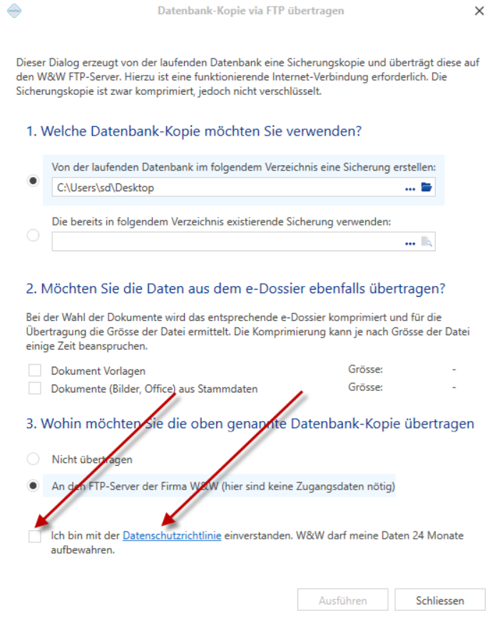 Hinweis auf die Datenschutzrichtlinie im Übertragungsdialog