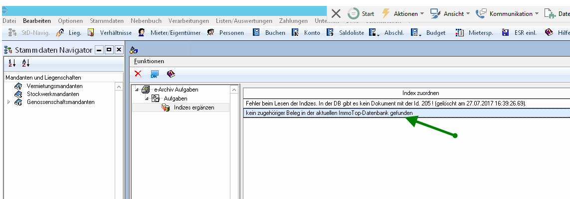 ImmoTop, e-Archiv-Aufgabe «Indizes ergänzen»: in der Liste «Index zuordnen» die Meldung «kein zugehöriger Beleg in der ImmoTop-Datenbank gefunden», darüber «Fehler beim Lesen der Indizes».