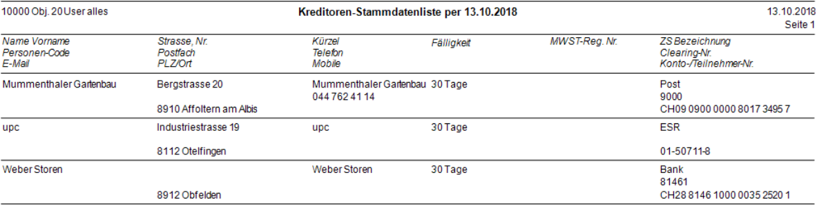 Auswertungen/Kreditoren/Stammdaten/Liste