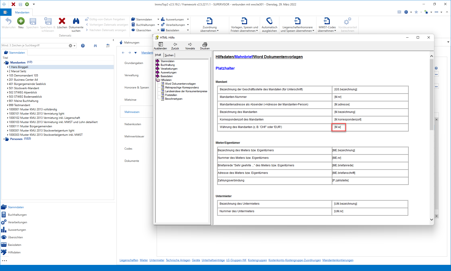 HTML-Hilfe, Seite Hilfsdaten / Word Dokumentvorlagen / Platzhalter: in der Tabelle «Mandant» stehen [GS.bezeichnung] für die Bezeichnung der Geschäftsstelle, [M.nr] für die Mandanten-Nummer, dazu [M.adresse], [M.bezeichnung], [M.korrespondenzort] und rot markiert [M.w] für «Währung des Mandanten (z. B. 'CHF' oder 'EUR')»; darunter die Tabelle «Mieter/Eigentümer» mit [ME.bezeichnung], [ME.nr], [ME.briefanrede], [ME.briefanschrift] und [P.zahlstelle], sowie «Untermieter» mit [UM.bezeichnung] und [UM.nr].