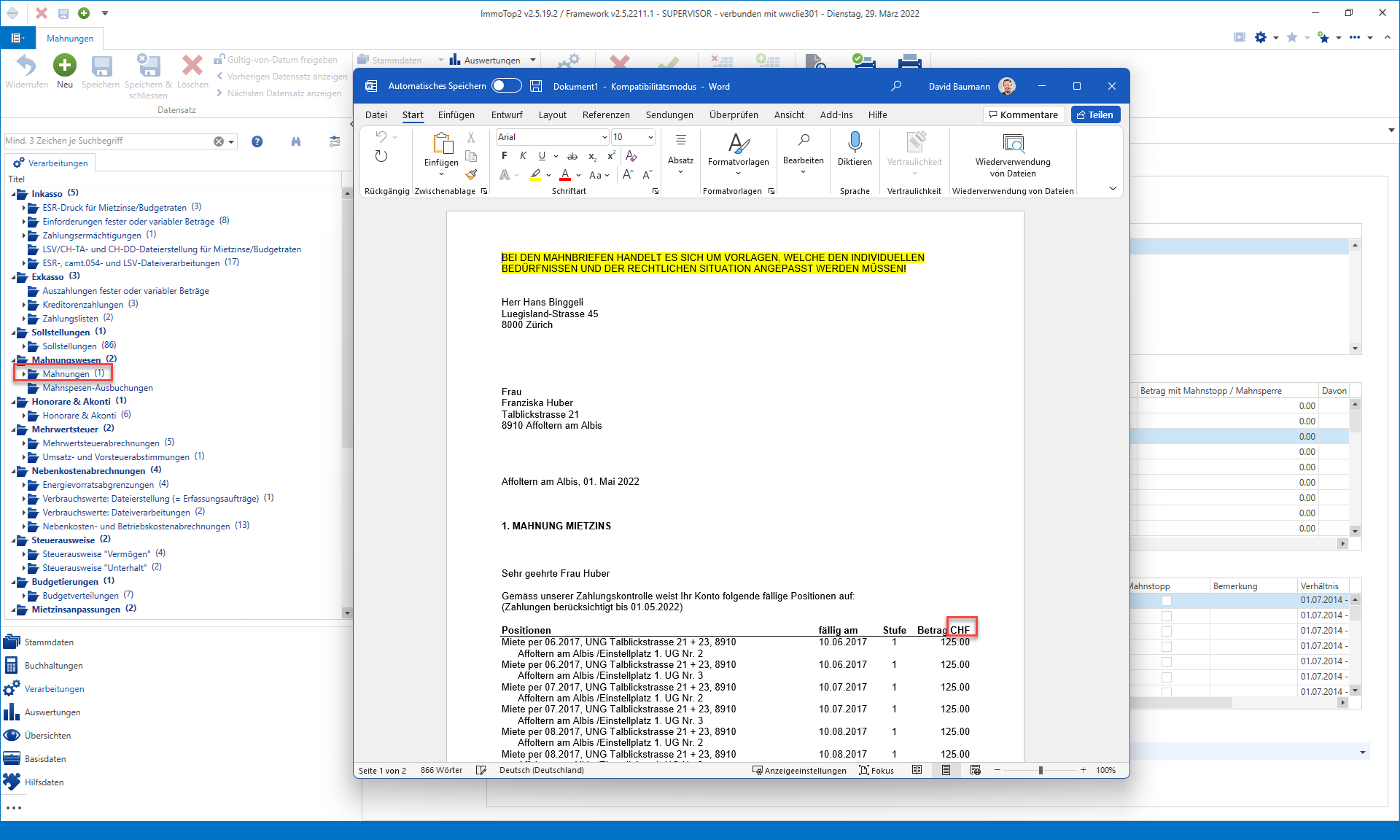 Der fertig aufbereitete Mahnbrief in Word: in der Kopfzeile der Positionstabelle steht hinter «Betrag» rot markiert die Währung CHF; links im Navigationsbaum ist «Mahnungen» markiert.
