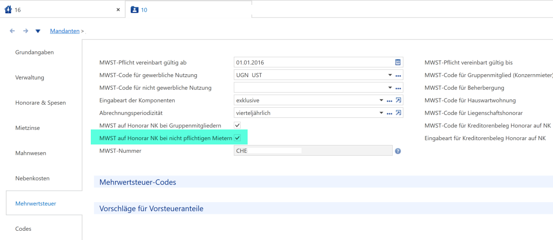 Mandant, Unterdialog «Mehrwertsteuer»: hervorgehoben die Checkbox «MWST auf Honorar NK bei nicht pflichtigen Mietern», darüber die Variante für Gruppenmitglieder und die MWST-Codes.