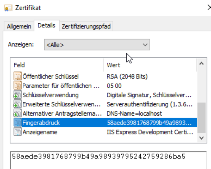 Windows-Zertifikatsdialog im Register «Details»: markiertes Feld «Fingerabdruck», dessen Thumbprint-Wert unten im Textfeld vollständig angezeigt wird.