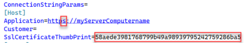 Ausschnitt der config.ini, Sektion «Host»: Application=https://myServerComputername und SslCertificateThumbPrint mit eingetragenem Thumbprint, beides rot markiert.